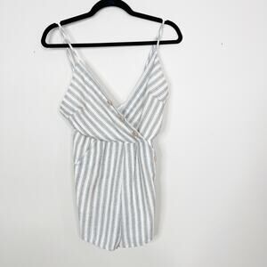 Lunik Small S Blue Cream Striped Button Detail Romper Cotton Blend VNeck Pockets